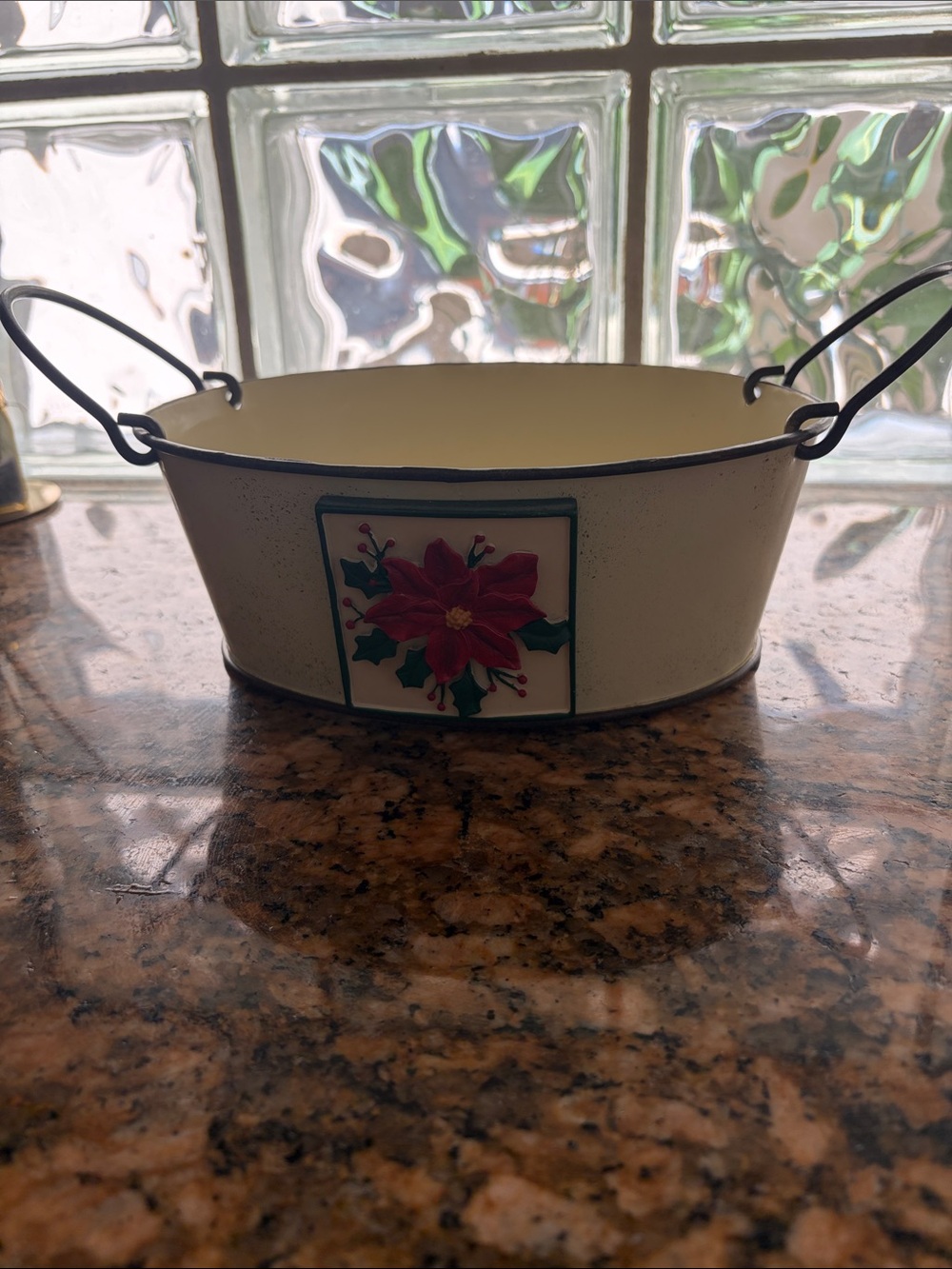 Vintage Cream Poinsettia Decorative Metal Bowl with Handles